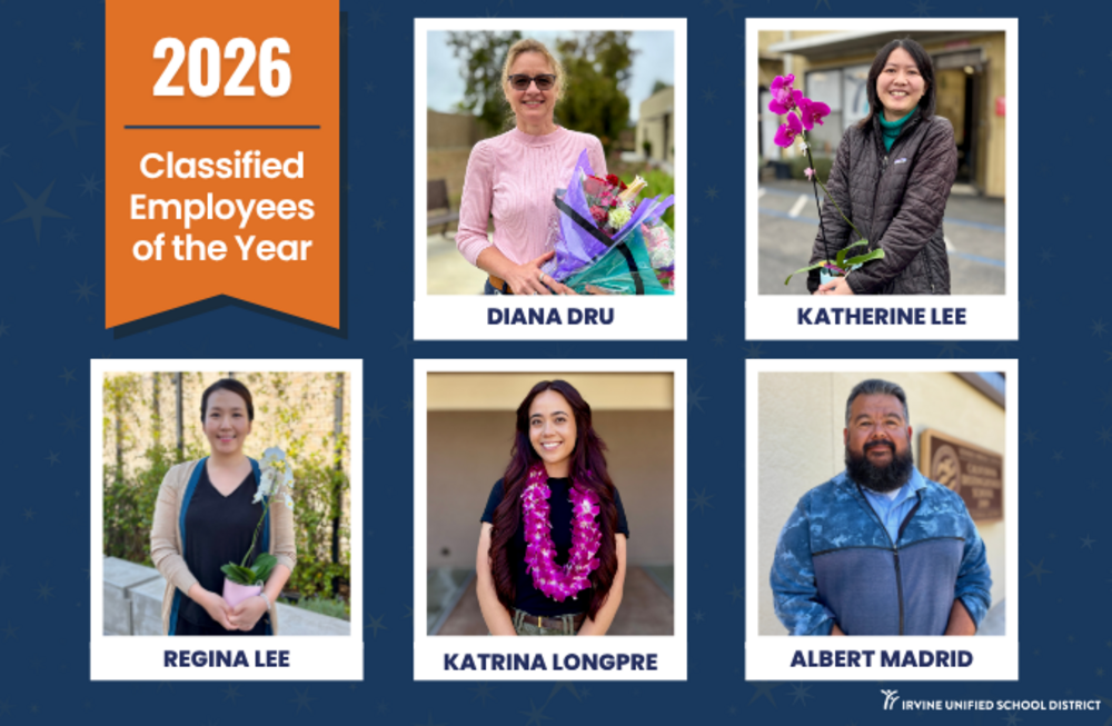 The 2026 Classified Employees of the Year are honored with portraits: Diana Dru, Katherine Lee, Regina Lee, Katrina Longpre, and Albert Madrid.