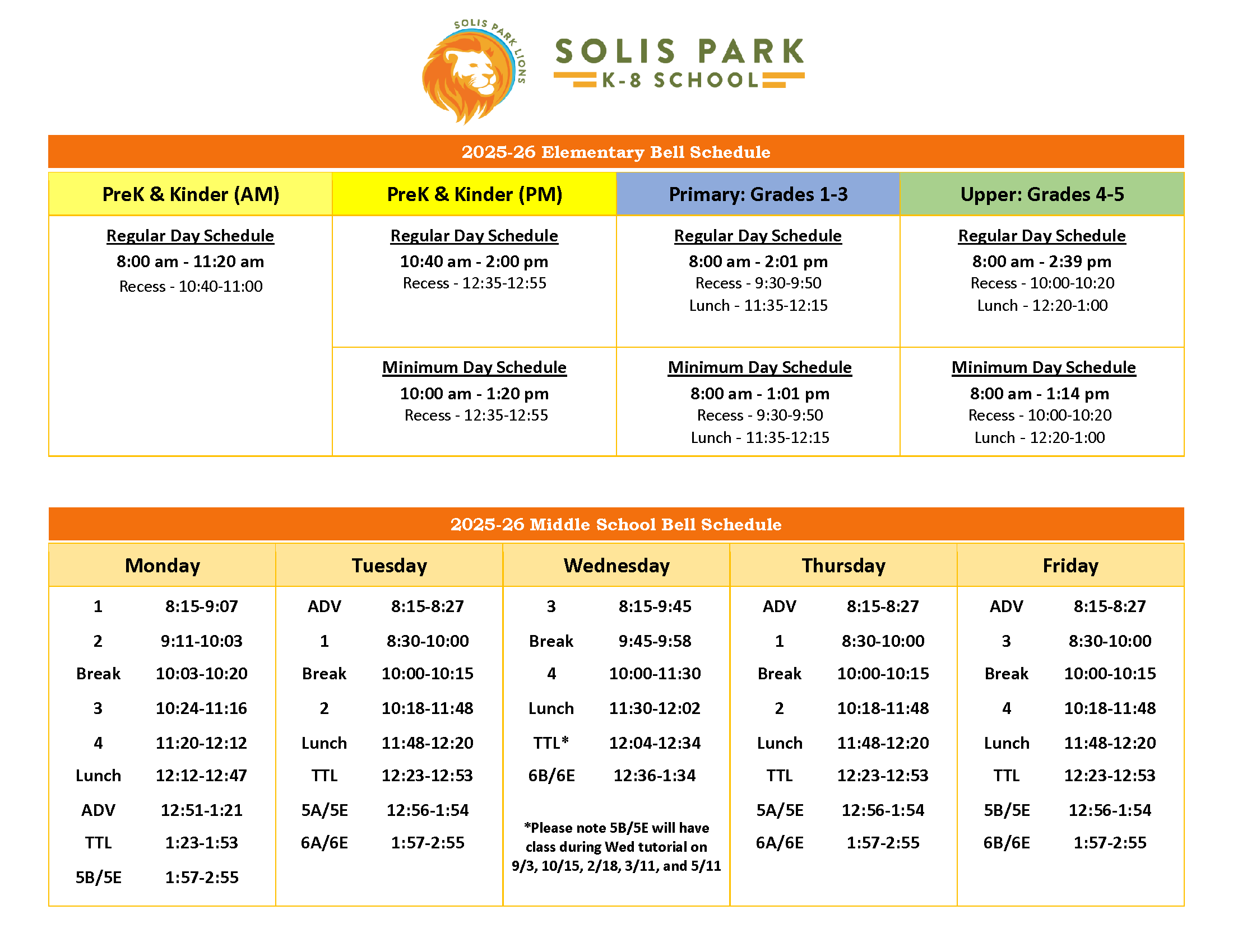 2025-26 Solis Park Bell Schedule All Grades