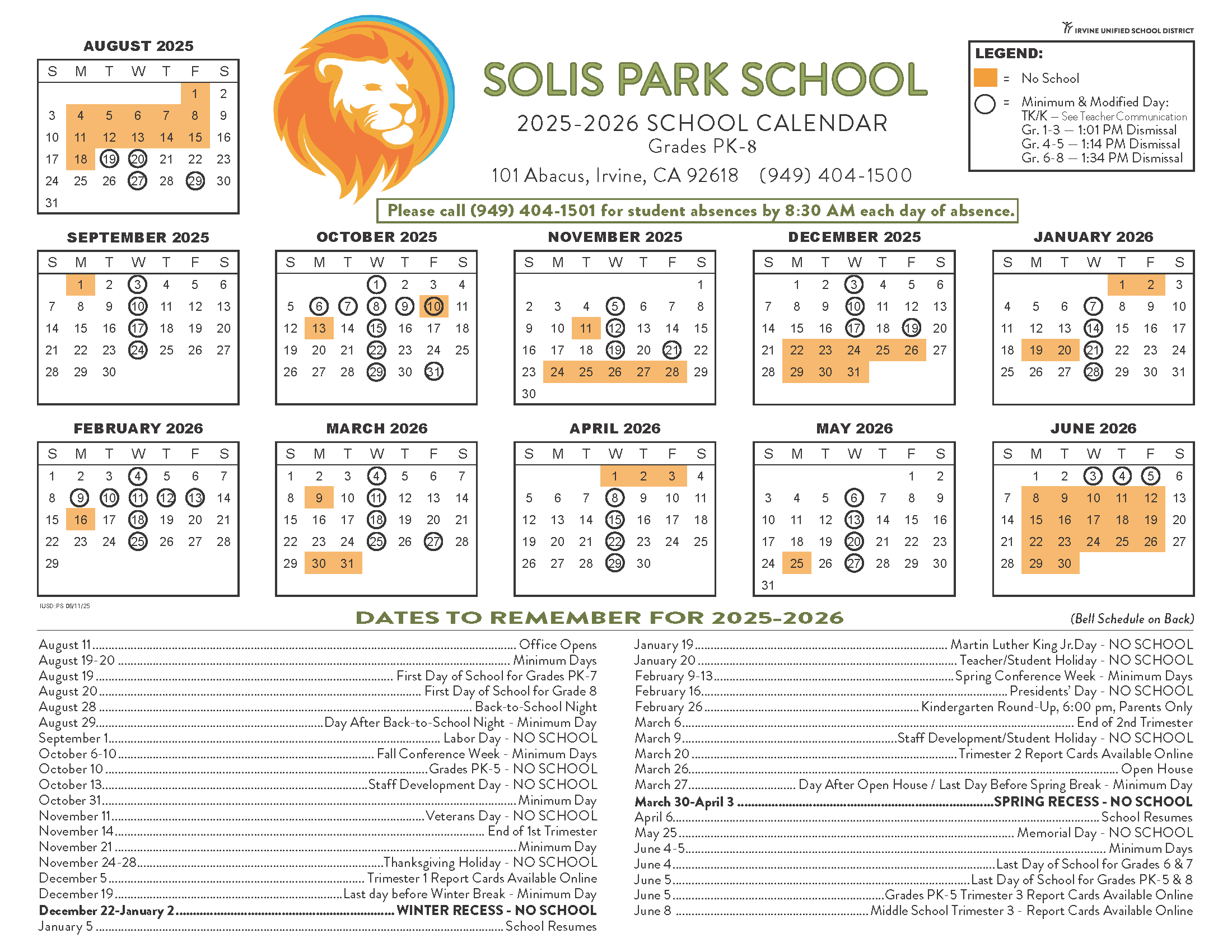Solis Park 2025-26 Calendar ALL GRADES