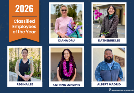 The 2026 Classified Employees of the Year are honored with portraits: Diana Dru, Katherine Lee, Regina Lee, Katrina Longpre, and Albert Madrid.